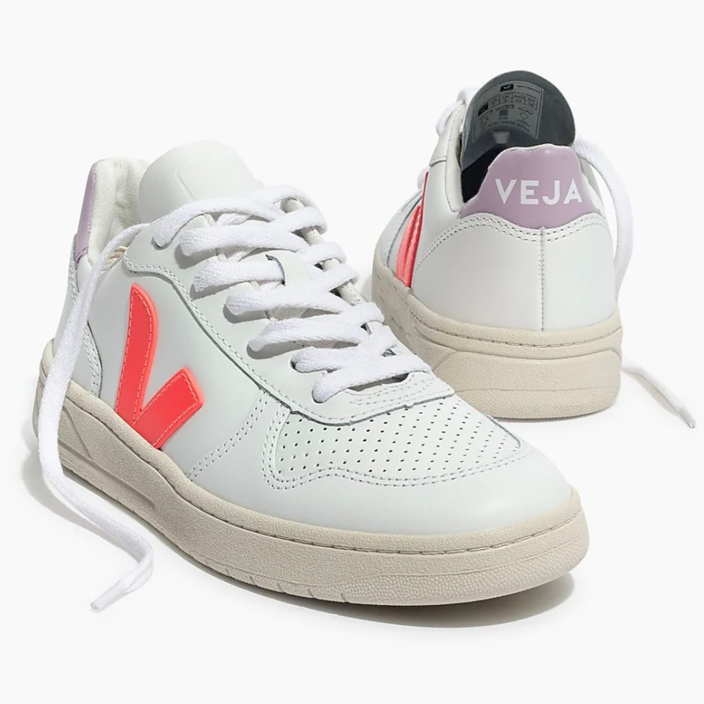 Madewell x Veja™ V-10 Leather Sneakers in Lilac and Neon Orange